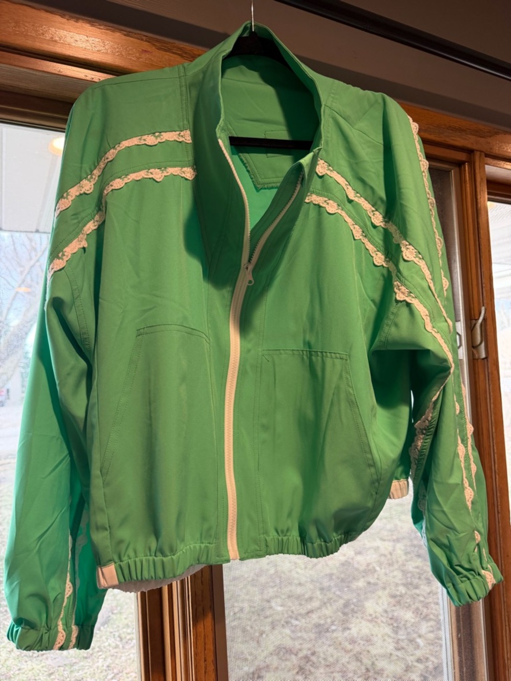 Altar'd State Green Bomber Jacket with Cream Lace Trim